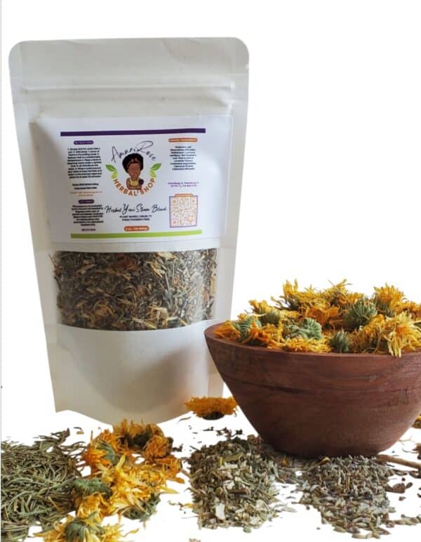 Organic Loose Leaf Yoni Steam Blend. Comes in a white pouch with a transparent window showing dried herb mixture.