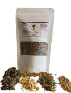 Organic Loose Leaf Mama's Miracle Mix Herbal Tea. Comes with a resealable tea bag in a white pouch with a transparent window showing dried herb mixture.